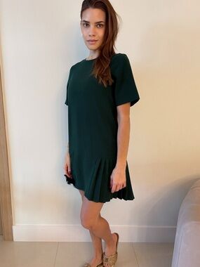 Zara Dark Green Short Sleeve Pleated Mini Dress
